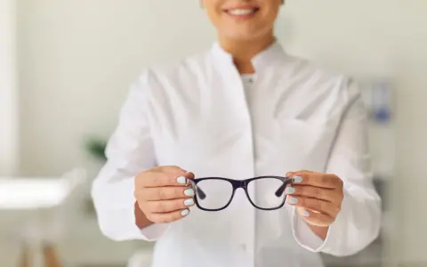 Okulista prezentuje okulary z powłoką oleofobową, które chronią przed odciskami palców i ułatwiają czyszczenie.