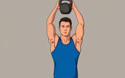 Man i blått linne lyfter en kettlebell över huvudet, en del av en kettlebell snatch-rörelse.