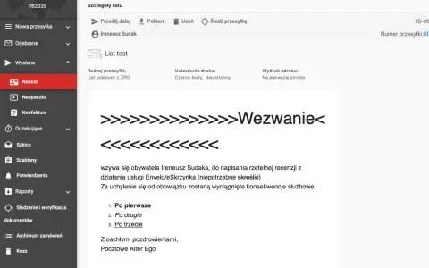 Szczegóły listu poleconego z ZPO, "Wezwanie" do Ireneusza Sudaka. Sprawdź poczta cennik list.