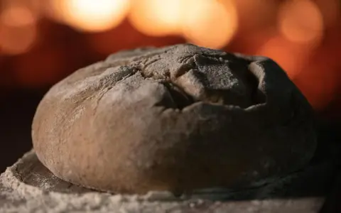 Ein Laib Brot liegt auf einer bemehlten Holzschaufel, bereit für den Ofen. So gelingt energiesparend Brot backen.