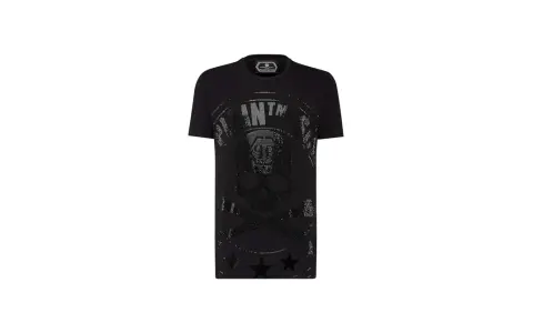 Czarna Philipp Plein koszulka z czaszką i cekinami, ozdobiona gwiazdami.