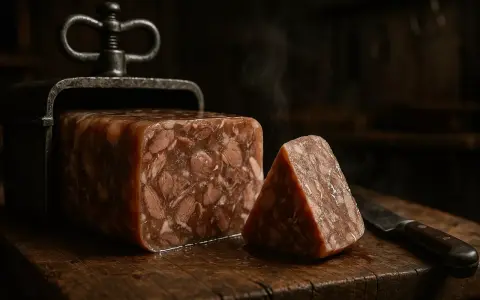 Un bloc de fromage de tête fumant, coupé en part, sur une planche en bois rustique. Un couteau à côté.