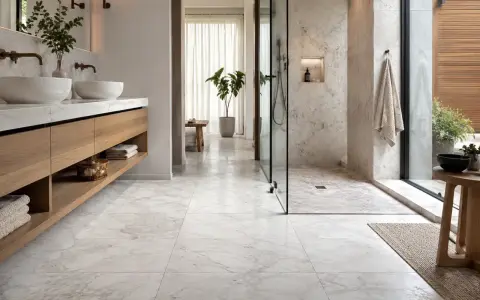 Bagno moderno con pavimenti e rivestimenti in **segato di marmo** bianco, doppio lavabo, doccia a vista e arredi in legno.