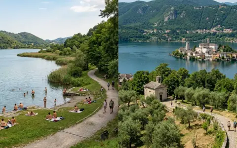 Splendido **lago di Endine** con persone che si rilassano e nuotano. A destra, un'isola con un borgo pittoresco e una chiesetta.