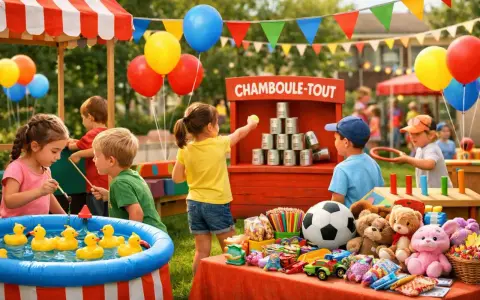 Enfants s'amusant à la kermesse, jeux de chamboule-tout, pêche aux canards, et jouets. 60 idées de jeux pour kermesse.