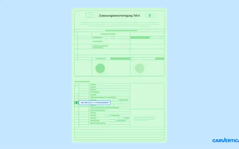 Zulassungsbescheinigung Teil II: Die Fahrgestellnummer WVWZZZ1J7XW000001 ist im Fahrzeugschein hervorgehoben.