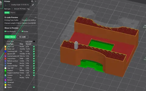 Podgląd modelu 3D w Creality Slicer, pokazujący warstwy wydruku: wypełnienie, ściany i podpory.