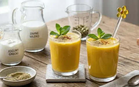 Dwa szklanki orzeźwiającego mango lassi, udekorowane miętą, na drewnianym stole. Obok składniki: pokrojone mango, jogurt, mleko, miód i przyprawy.