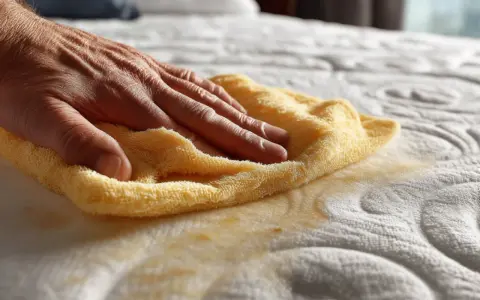 Dłoń z żółtą ściereczką usuwa plamę z materaca. Dowiedz się, jak wyczyścić materac z moczu, aby przywrócić mu świeżość.
