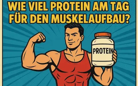Ein muskulöser Mann mit einem Proteinbehälter fragt: "Wieviel Protein pro Tag Muskelaufbau?
