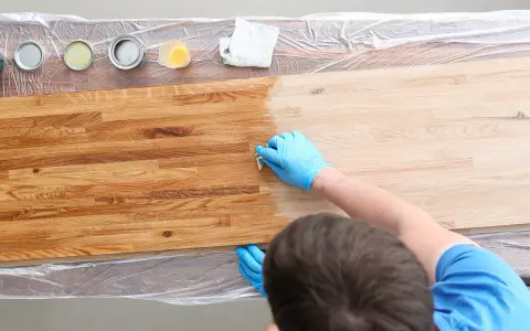 Mani guantate applicano un trattamento per come indurire il legno. Tavolo in legno con diverse lattine di finitura.