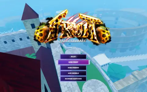 Menu gry Fruit Battlegrounds. Gracze mogą grać, kręcić owocami, dołączać do znajomych, wchodzić do AFK World lub grać w rankingowe mecze.