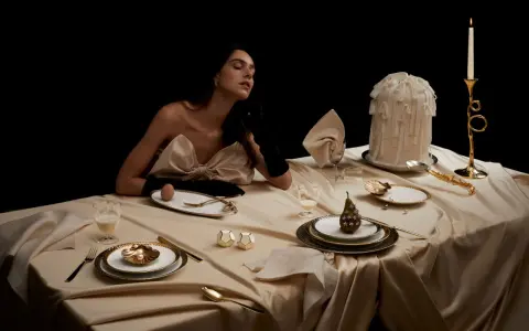 Une femme élégante, une table dressée avec soin, un œuf, une poire décorée. L'art de comment dresser une table dans un restaurant.