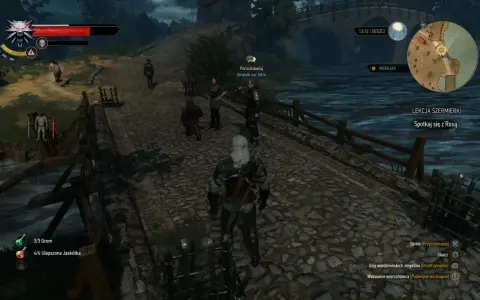 Geralt na moście w Novigradzie, przygotowuje się do lekcji szermierki z Rosą.