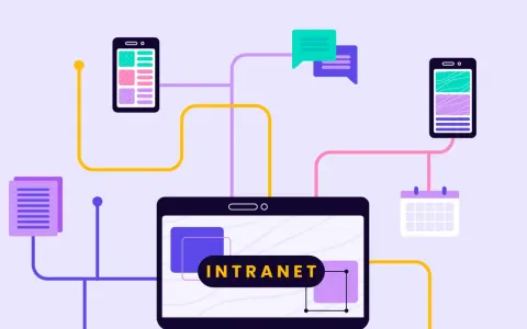 Ein Tablet zeigt "INTRANET". Smartphones, Dokumente, Chatblasen und ein Kalender sind verbunden.