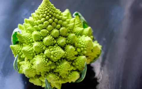 Un chou romanesco d'un vert éclatant, aux spirales parfaites, se dresse sur un fond sombre et texturé.