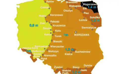 Mapa Polski z zaznaczonymi strefami przemarzania gruntu. Wartości od 0,8 m do 1,4 m.