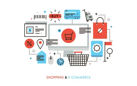 Grafika przedstawia elementy związane z **audytem ecommerce**: koszyk, komputer, kartę płatniczą, torbę na zakupy, procenty, lokalizację i zegar.