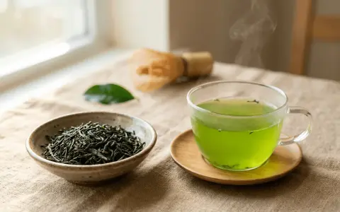 Une tasse de thé vert fumant, à côté d'un bol de feuilles de thé et d'un fouet, pour profiter des matcha bienfaits.