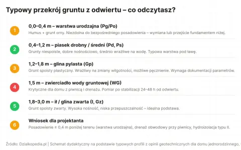 Przekrój gruntu z odwiertu: warstwa urodzajna, piasek, glina pylasta, zwierciadło wody, glina zwarta. Wniosek dla projektanta: badania geotechniczne gruntu wskazują na potrzebę głębszego posadowienia.