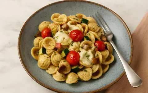 Orecchiette-Nudeln mit Kirschtomaten, Zucchini und geschmolzenem Käse. Die Aussprache von Orecchiette ist "oh-reh-KYET-teh".