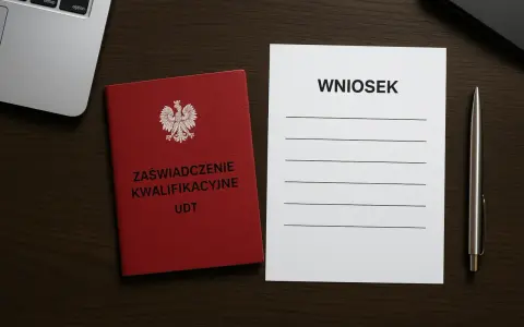 Czerwona książeczka z orłem i napisem "Zaświadczenie Kwalifikacyjne UDT" obok formularza "Wniosek" i długopisu. Przygotowanie do przedłużenia uprawnień UDT.