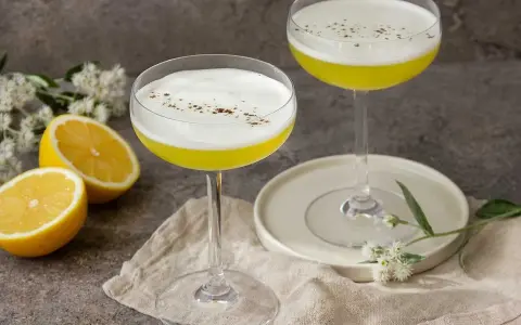 Två eleganta glas med en gul Galliano drink, toppad med vitt skum och strödd kanel. Citroner och blommor ger en fräsch touch.