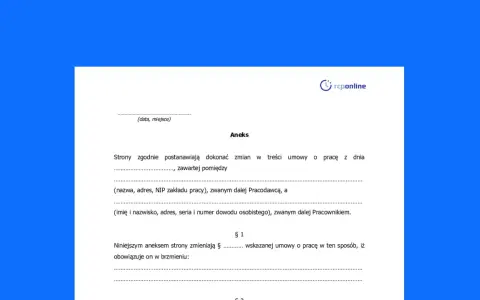Aneks do umowy o pracę, wprowadzający zmiany w stanowisku pracy. Dokument zawiera dane stron i szczegóły modyfikacji.