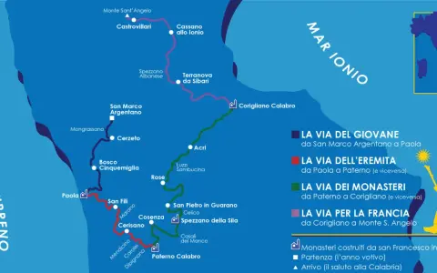 Mappa del cammino di San Francesco in Calabria, con le vie del giovane, dell'eremita, dei monasteri e per la Francia.