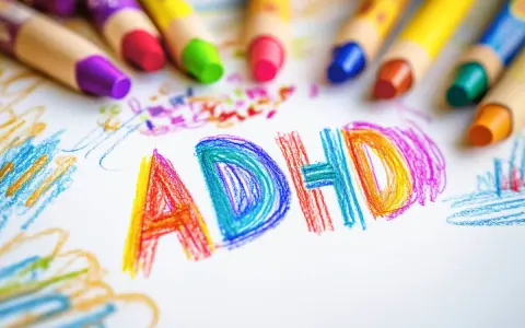 Kolorowe kredki otaczają napis "ADHD" narysowany na białej kartce. Dziecko, które nie jest neurotypowe, wyraża siebie przez sztukę.