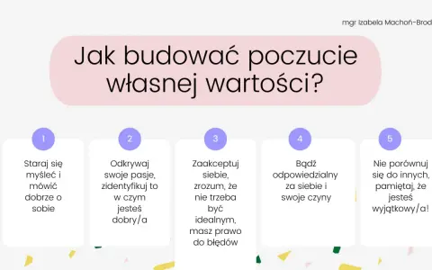 Jak budować poczucie własnej wartości? 5 kroków: myśl dobrze o sobie, odkrywaj pasje, akceptuj siebie, bądź odpowiedzialny, nie porównuj się.