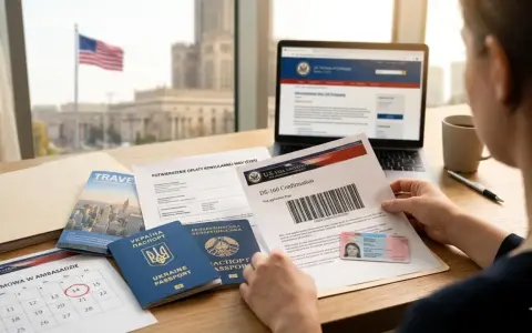 Przygotowanie do rozmowy o wizę do USA: paszporty, formularz DS-160 i kalendarz z zaznaczoną datą.