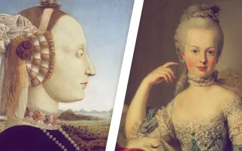 Zwei Porträts von Frauen, eine im mittelalterlichen Stil mit aufwendiger Frisur und Schmuck, die andere im Rokoko-Stil mit zarter Haut und üppiger Kleidung.