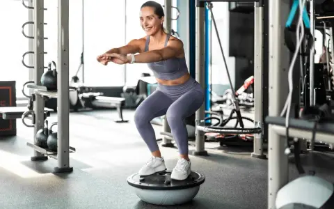 Frau macht Kniebeugen auf einem Bosu-Ball, trägt Sportkleidung und weiße Sneaker. Sie trainiert ohne schuhe auf dem instabilen Untergrund.