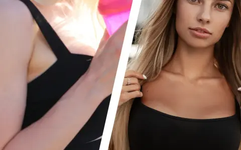 Kobieta w czarnym topie z dekoltem w serek, z blond włosami i delikatnym makijażem.