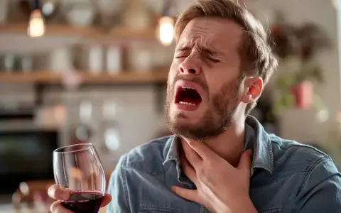 Mężczyzna z bólem gardła, trzymający kieliszek wina. Czuje nieprzyjemną zgagę po alkoholu.