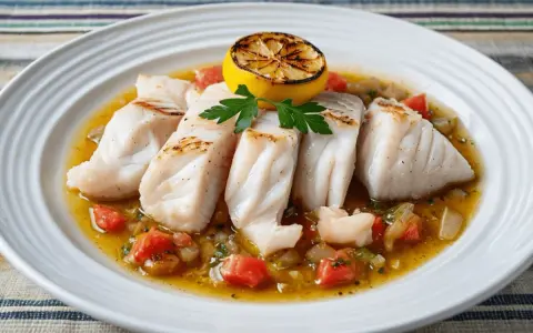 Filetes de pescado blanco, con tomate y limón asado, listos para ser disfrutados. ¡Un pez ballesta se come así de bien!