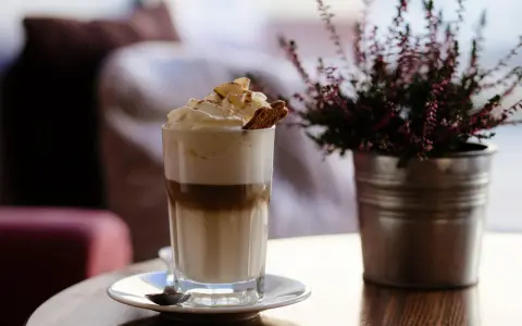 Ein hoher Frappe Espresso mit Sahne, Zimt und einem Keks. Daneben eine Topfpflanze.
