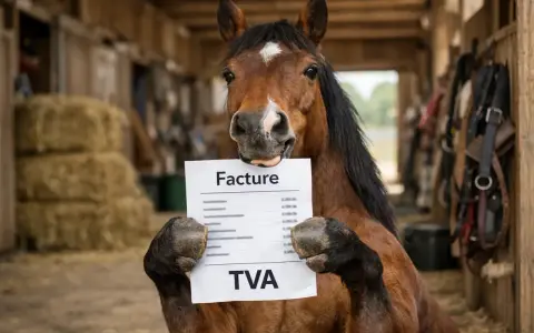 Un cheval tient une facture avec la mention "TVA". Il semble s'interroger sur la réglementation pension pour chevaux.