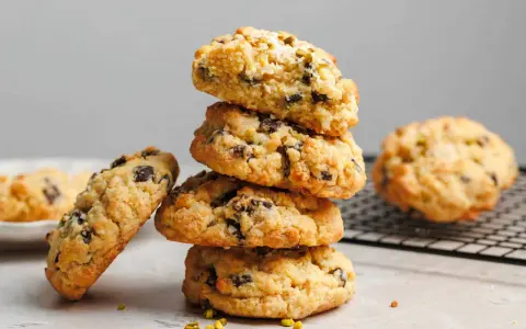 Stapel von leckeren, hausgemachten veganen Keksen mit Schokoladenstückchen und Pistazien. Ein Keks liegt daneben, ein weiterer auf einem Gitter.