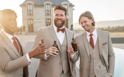Groomsmen in tan suits with rust ties and bowties toast with beers. A great color suit for wedding celebrations.