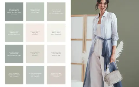 Tavolozza di colori per interni, con tonalità che vanno dal verde salvia al beige chiaro, come il "Pale Oak". Una modella indossa abiti in lino color crema.