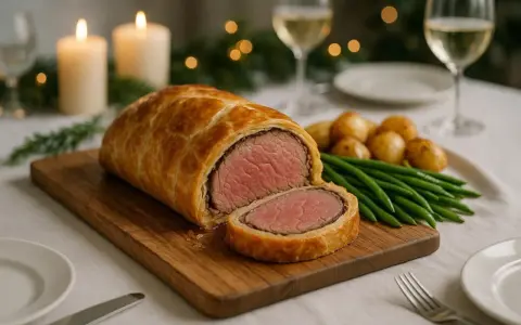 Un magnifique filet mignon en croûte, prêt à être dégusté, accompagné de pommes de terre rôties et de haricots verts. L'ambiance est festive avec des bougies et des lumières scintillantes.