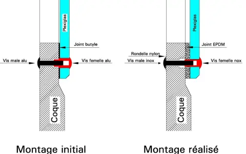 Schéma comparant deux montages de hublot de bateau : initial avec joint butyle et réalisé avec joint EPDM pour refaire le joint.
