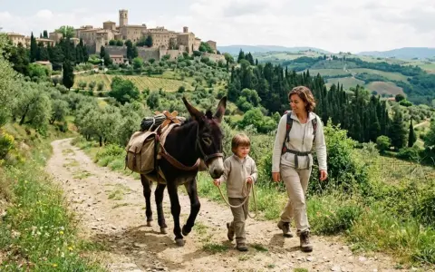 Una donna e un bambino camminano su sentieri Val d'Orcia con un asino carico, sullo sfondo un borgo medievale.
