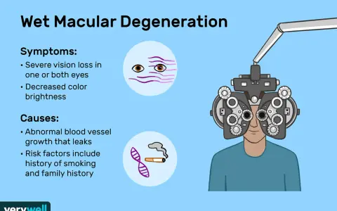 Illustrazione sulla degenerazione maculare umida, con sintomi e cause. Un occhio stilizzato mostra visione offuscata, un altro fumo e DNA. Un uomo con un forottero per un esame della vista.