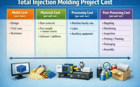 Diagram detailing total plastic injection molding project costs, from mold design to assembly, with visual elements of the process.