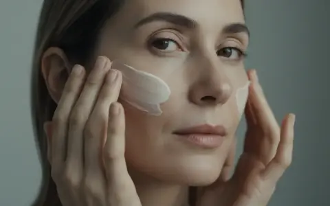 Une femme applique une crème sur son visage, étape essentielle du démaquillage. Ses doigts doux étalent le produit pour une peau nette et douce.