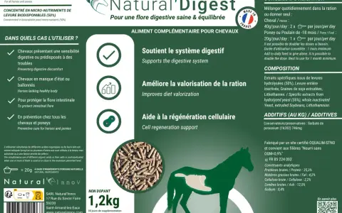 Aliment complémentaire pour chevaux, Natural'Digest, soutient le système digestif. Non dopant, 1,2kg.