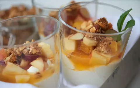 Leckeres Joghurt Dessert mit Früchten und Granola in Gläsern, garniert mit Minze.